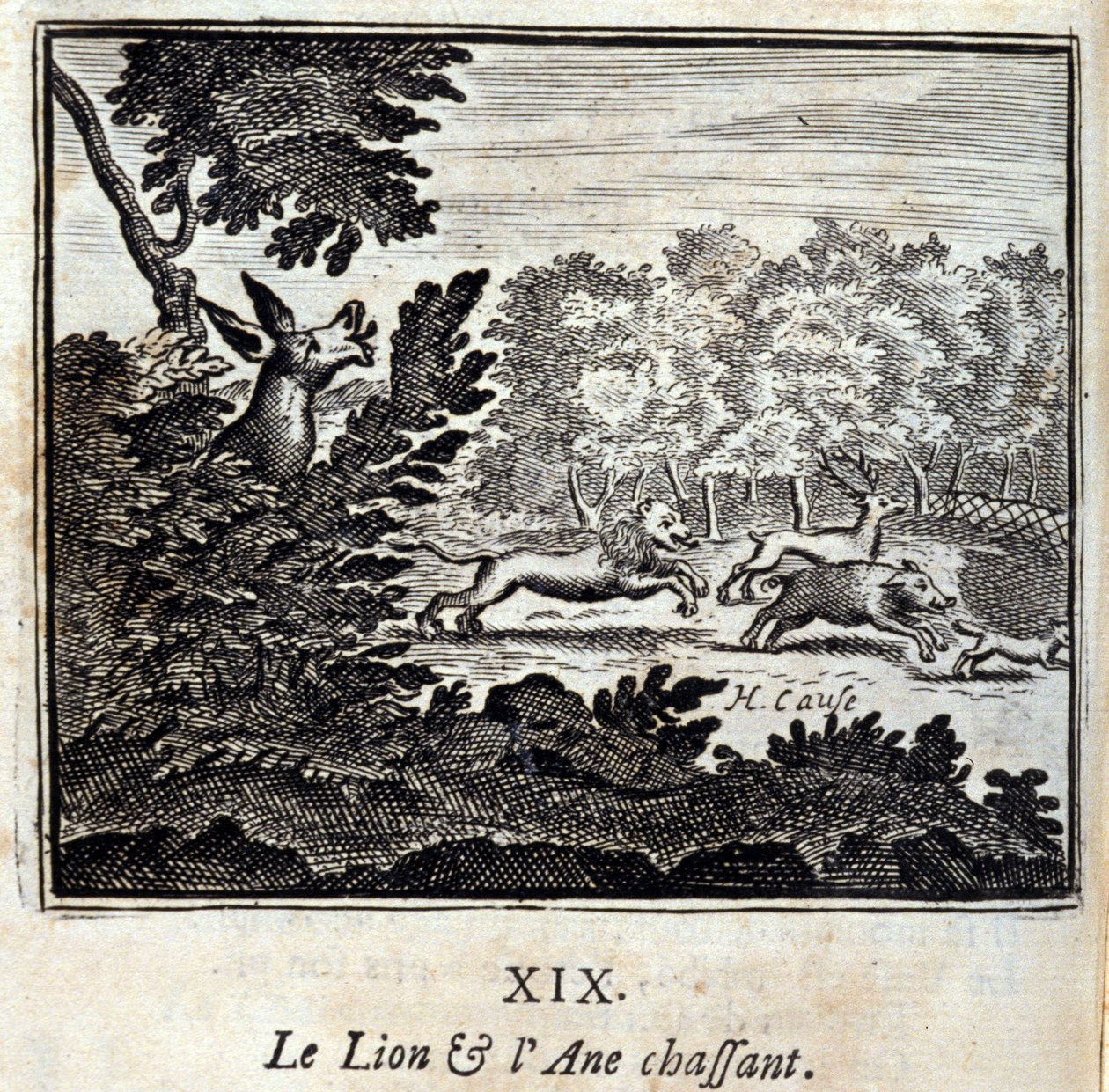 الأسد وصيد الحمير. أساطير جان دي لافونتين (1621-95). رسم توضيحي لفرانسوا تشوفو (1613-1676). طبعة 1728. بواسطة فرانسوا شوفو