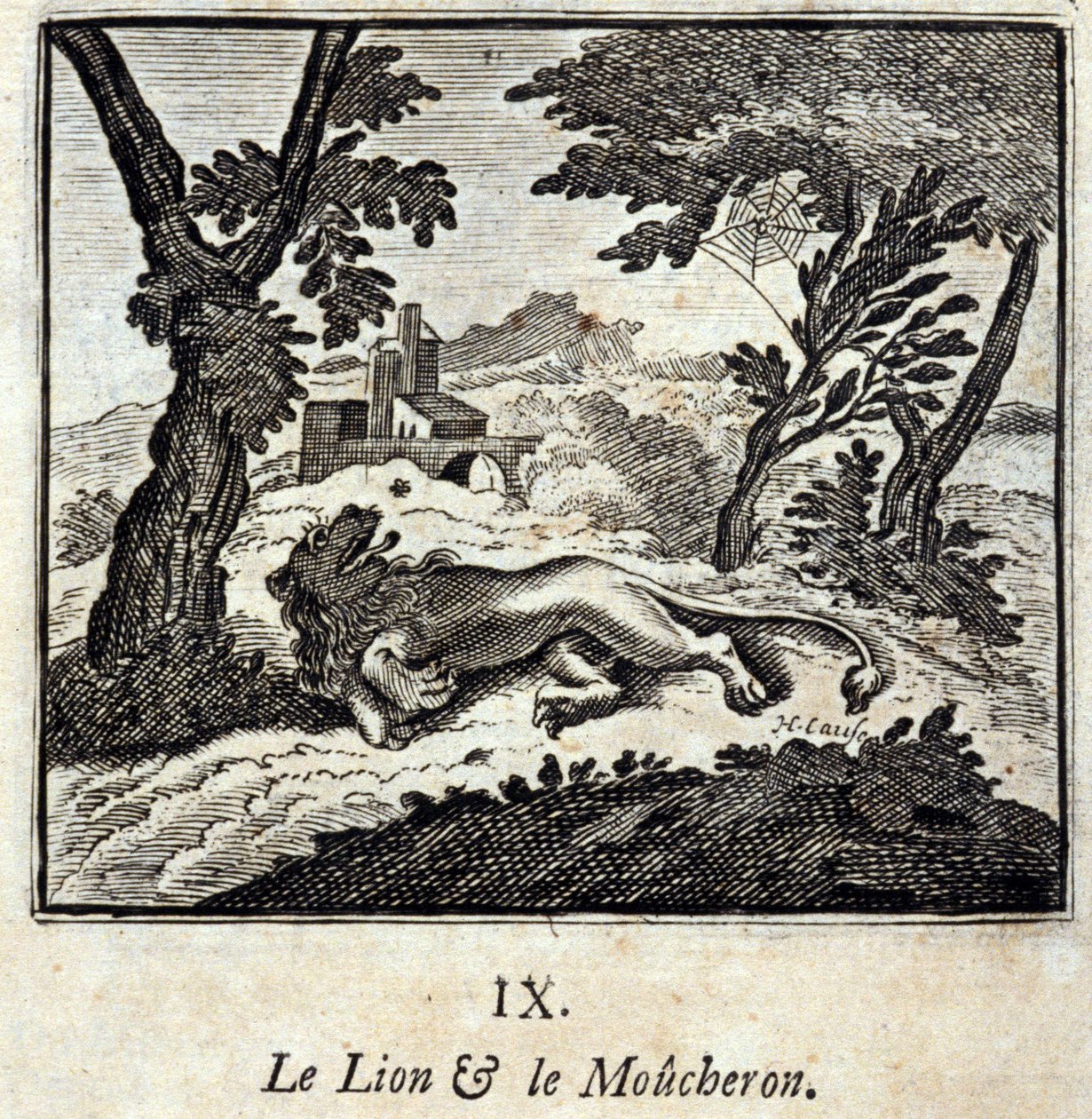 الأسد وصائد الذباب. أساطير جان دي لافونتين (1621-95). رسم توضيحي لفرانسوا تشوفو (1613-1676). طبعة 1728. بواسطة فرانسوا شوفو