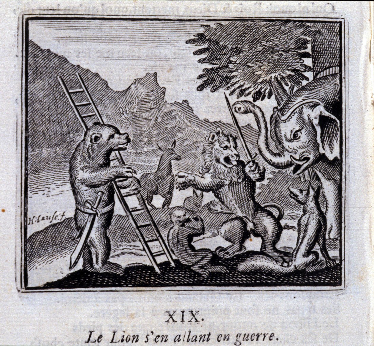 الأسد ذاهب للحرب. أساطير جان دي لافونتين (1621-95). رسم توضيحي لفرانسوا تشوفو (1613-1676). طبعة 1728. بواسطة فرانسوا شوفو