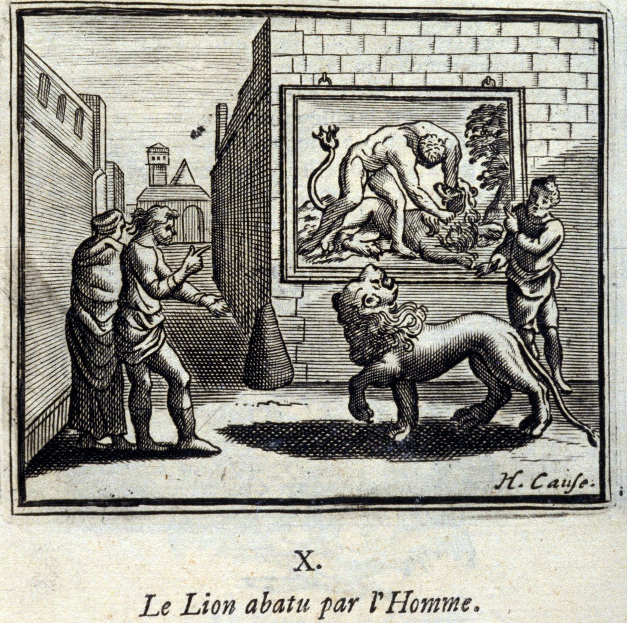 أسقط الرجل الأسد. أساطير جان دي لافونتين (1621-95). رسم توضيحي لفرانسوا تشوفو (1613-1676). طبعة 1728. بواسطة فرانسوا شوفو