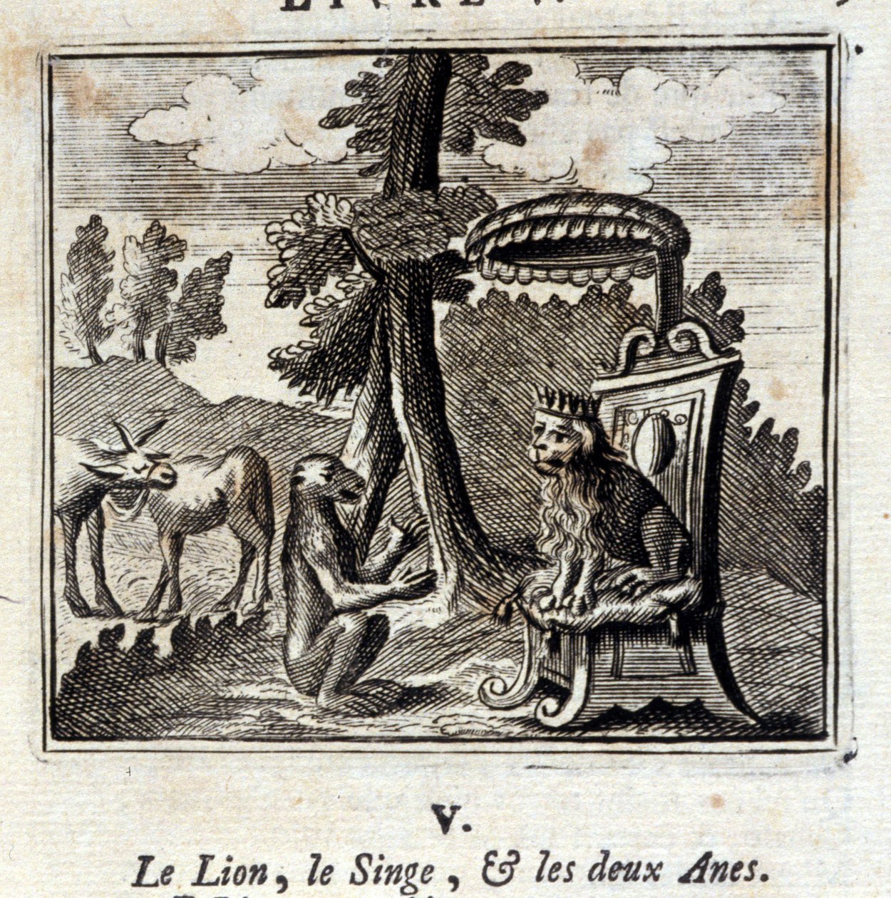 الأسد القرد والأنيسان ، خرافات لجين دي لافونتين (1621-1695). رسم توضيحي لفرانسوا تشوفو (1613-1676). طبعة 1728. بواسطة فرانسوا شوفو