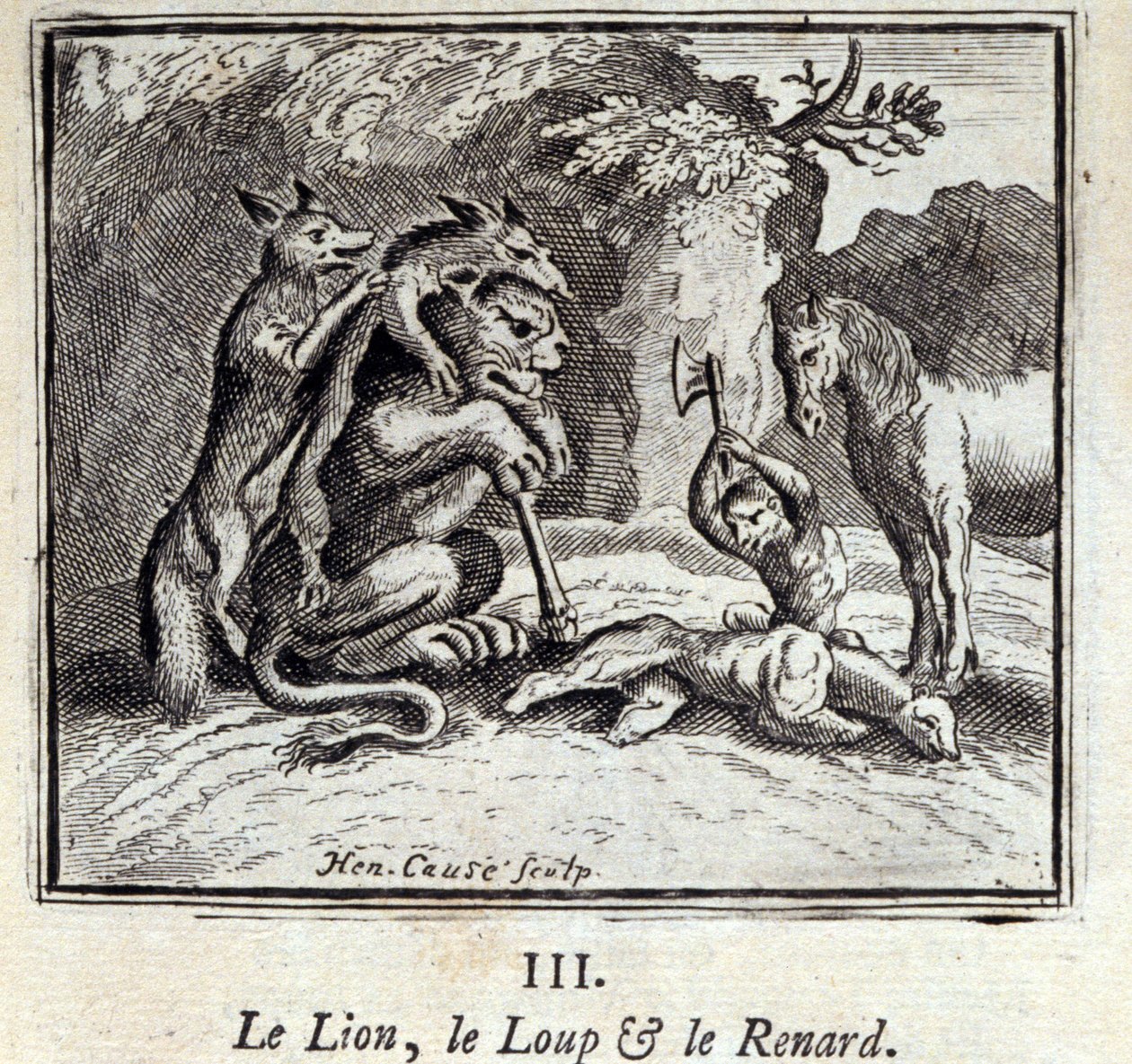الأسد والذئب والثعلب. أساطير جان دي لافونتين (1621-95). رسم توضيحي لفرانسوا تشوفو (1613-1676). طبعة 1728. بواسطة فرانسوا شوفو