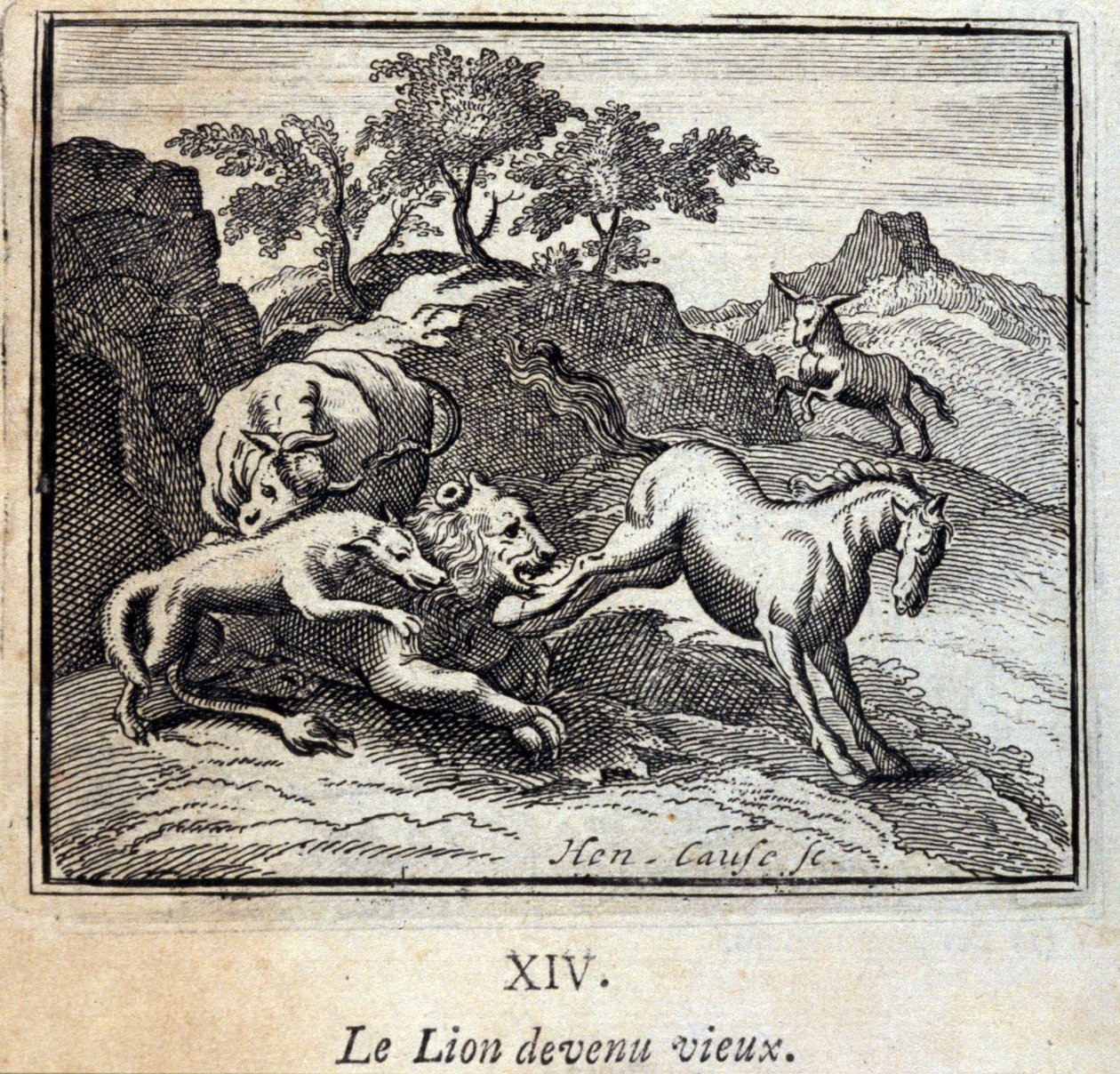 شاخ الأسد. أساطير جان دي لافونتين (1621-95). رسم توضيحي لفرانسوا تشوفو (1613-1676). طبعة 1728. بواسطة فرانسوا شوفو