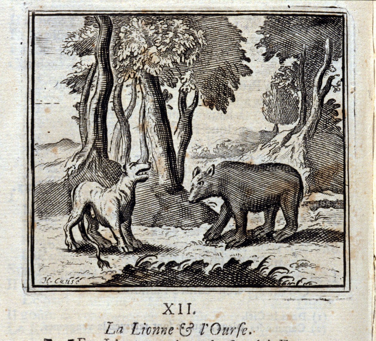 اللبؤة والدب. أساطير جان دي لافونتين (1621-95). رسم توضيحي لفرانسوا تشوفو (1613-1676). طبعة 1728. بواسطة فرانسوا شوفو