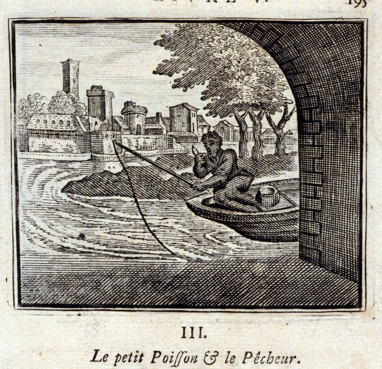 السمكة الصغيرة والصياد. أساطير جان دي لافونتين (1621-95). رسم توضيحي لفرانسوا تشوفو (1613-1676). طبعة 1728. بواسطة فرانسوا شوفو