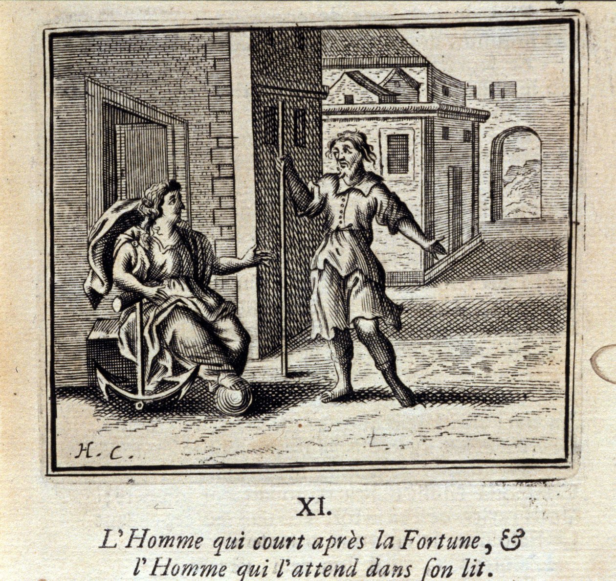 الرجل الذي يركض وراء فورتشن والرجل الذي ينتظره في السرير. أساطير جان دي لافونتين (1621-95). رسم توضيحي لفرانسوا تشوفو (1613-1676). طبعة 1728. بواسطة فرانسوا شوفو