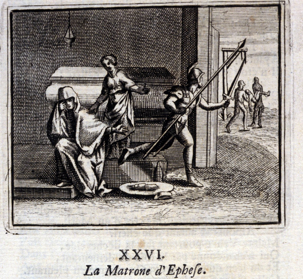 ماترون افسس. أساطير جان دي لافونتين (1621-95). رسم توضيحي لفرانسوا تشوفو (1613-1676). طبعة 1728. بواسطة فرانسوا شوفو