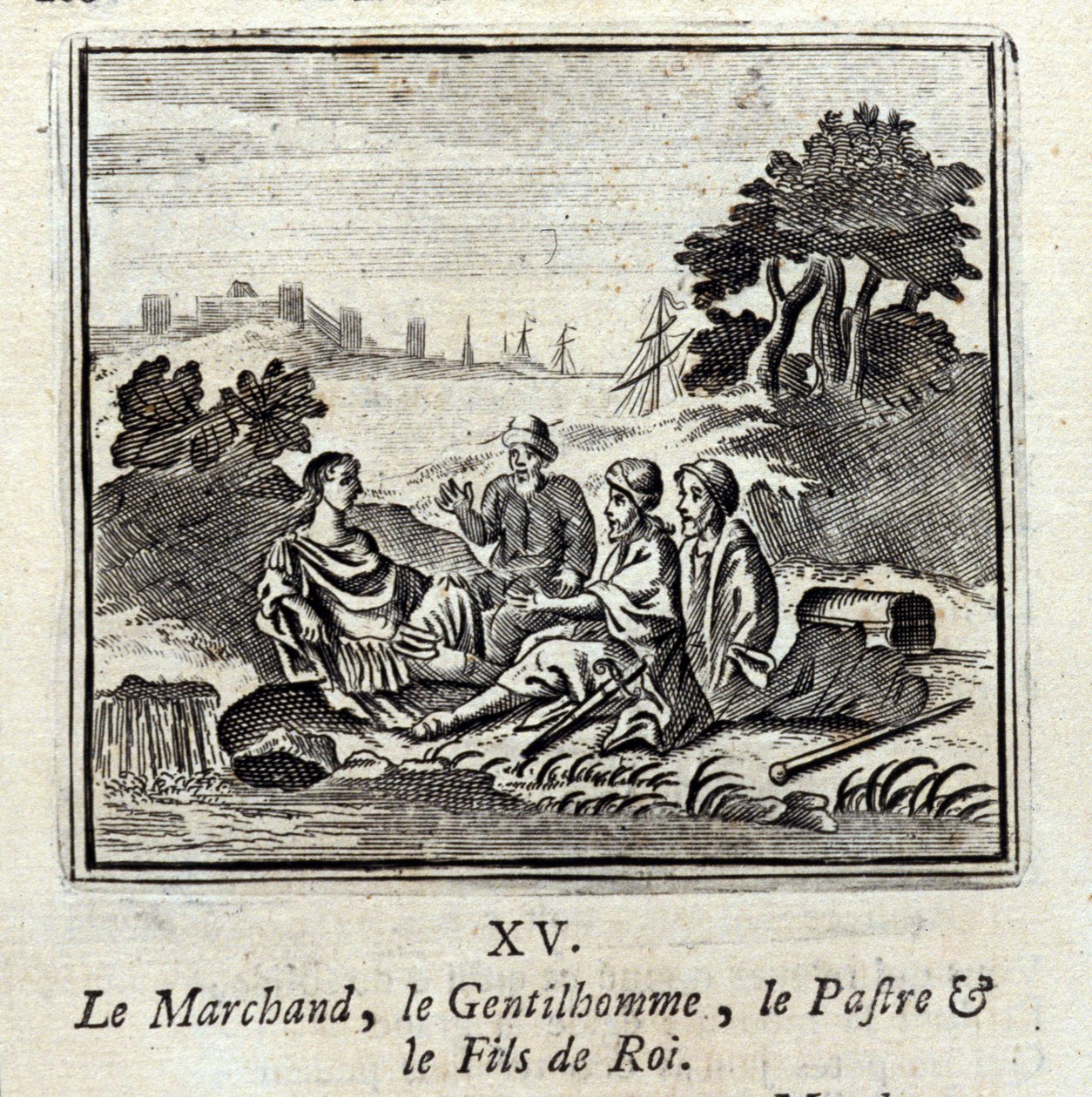 التاجر ، الجنتيلمان ، باترا ، وابن الملك. أساطير جان دي لافونتين (1621-95). رسم توضيحي لفرانسوا تشوفو (1613-1676). طبعة 1728. بواسطة فرانسوا شوفو