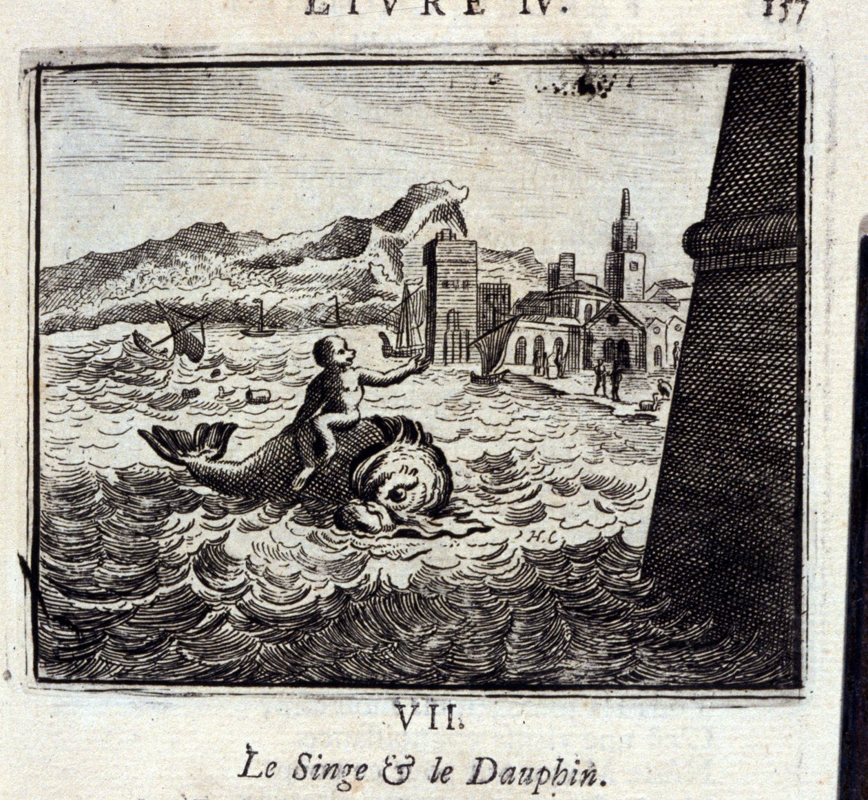 القرد والدوفين. خرافات لجين دي لافونتين (1621-95). رسم توضيحي لفرانسوا تشوفو (1613-1676). طبعة 1728. بواسطة فرانسوا شوفو