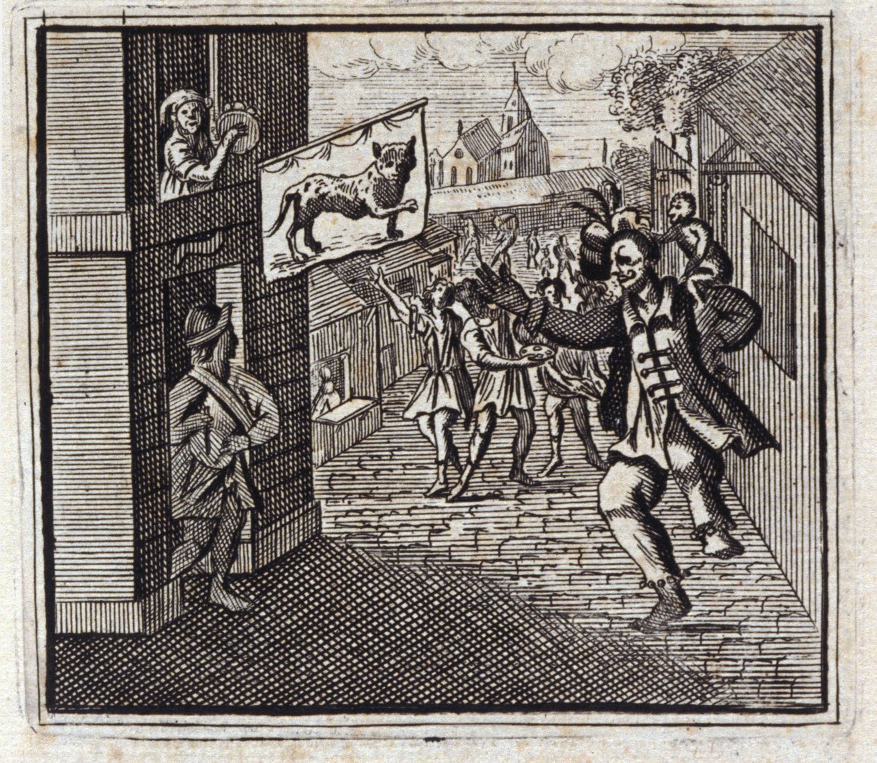 القرد والفهد. أساطير جان دي لافونتين (1621-95). رسم توضيحي لفرانسوا تشوفو (1613-1676). طبعة 1728. بواسطة فرانسوا شوفو