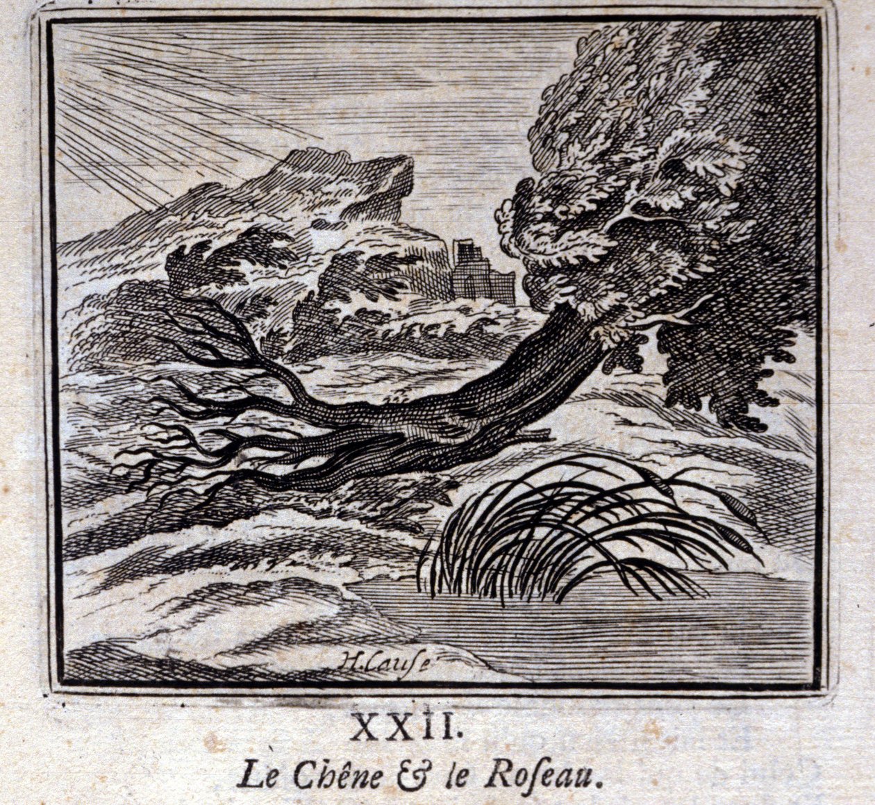 البلوط والقصب. أساطير جان دي لافونتين (1621-95). رسم توضيحي لفرانسوا تشوفو (1613-1676). طبعة 1728. بواسطة فرانسوا شوفو