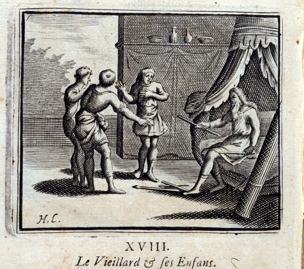 الرجل العجوز وأولاده. أساطير جان دي لافونتين (1621-95). رسم توضيحي لفرانسوا تشوفو (1613-1676). طبعة 1728. بواسطة فرانسوا شوفو