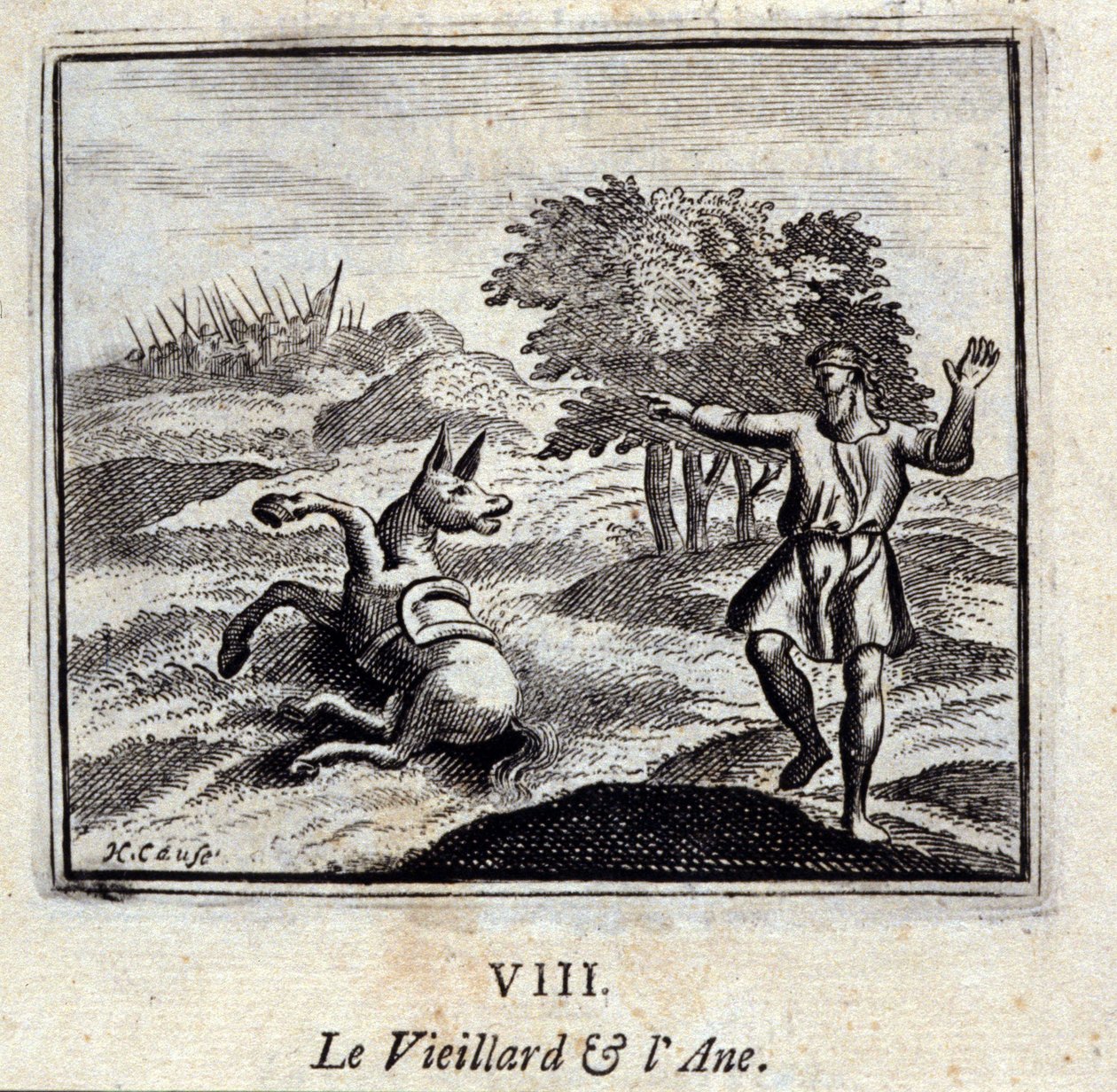 الرجل العجوز والحمار. أساطير جان دي لافونتين (1621-95). رسم توضيحي لفرانسوا تشوفو (1613-1676). طبعة 1728. بواسطة فرانسوا شوفو