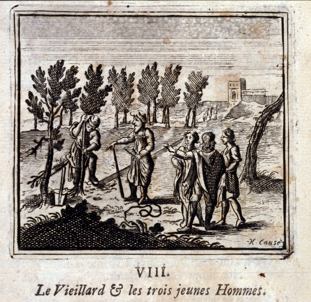 الرجل العجوز والشبان الثلاثة. أساطير جان دي لافونتين (1621-95). رسم توضيحي لفرانسوا تشوفو (1613-1676). طبعة 1728. بواسطة فرانسوا شوفو