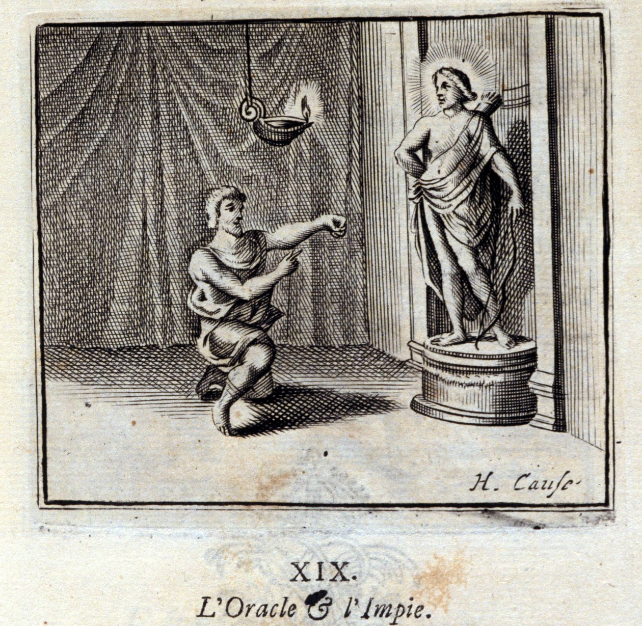 العراف والشرير. أساطير جان دي لافونتين (1621-95). رسم توضيحي لفرانسوا تشوفو (1613-1676). طبعة 1728. بواسطة فرانسوا شوفو