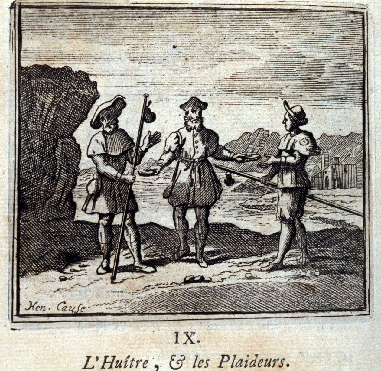 المحار والمتقاضون. أساطير جان دي لافونتين (1621-95). رسم توضيحي لفرانسوا تشوفو (1613-1676). طبعة 1728. بواسطة فرانسوا شوفو
