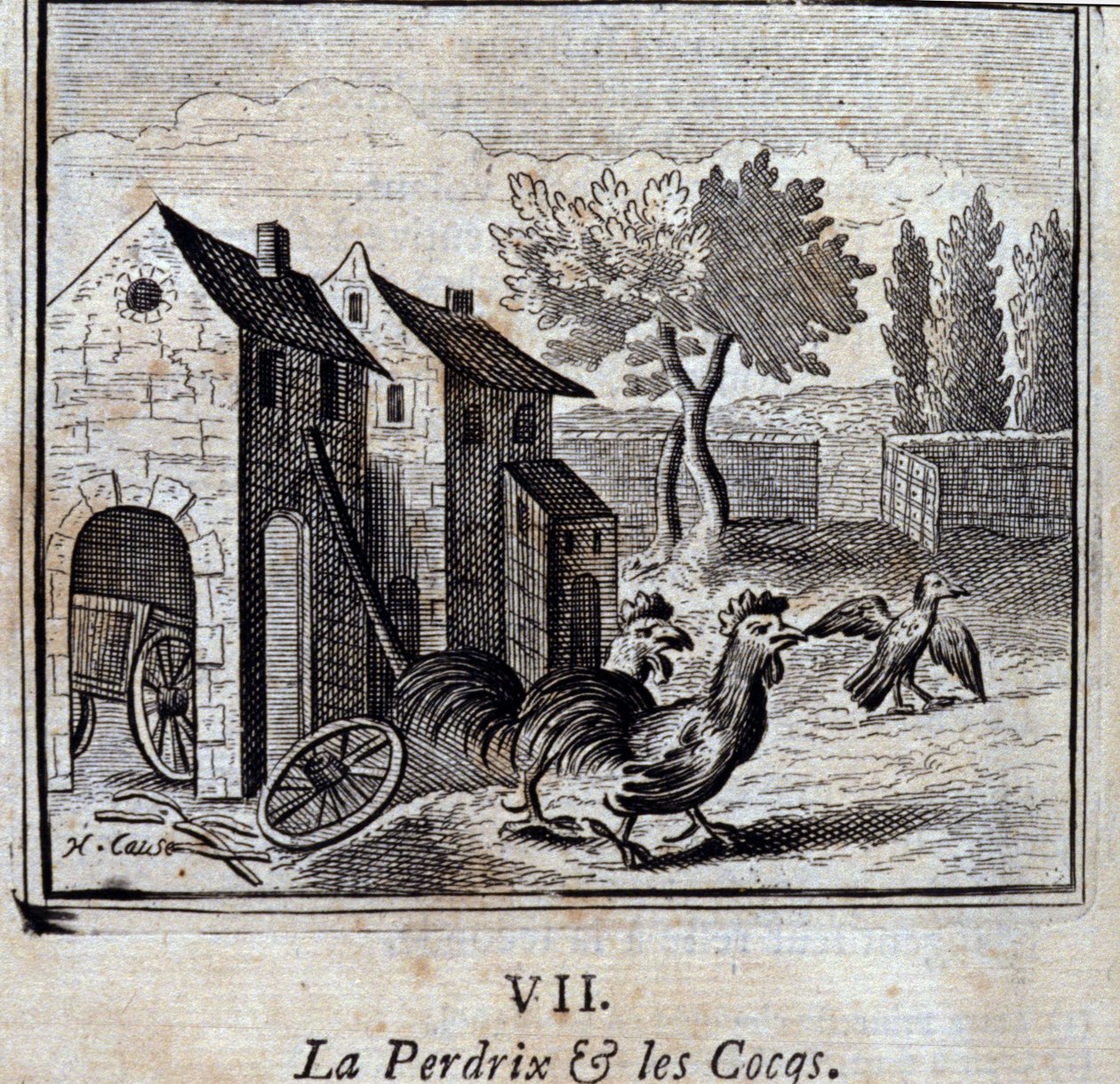 الحجل والديوك. أساطير جان دي لافونتين (1621-95). رسم توضيحي لفرانسوا تشوفو (1613-1676). طبعة 1728. بواسطة فرانسوا شوفو