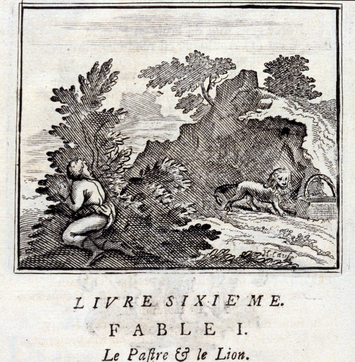 باترا والأسد. أساطير جان دي لافونتين (1621-95). رسم توضيحي لفرانسوا تشوفو (1613-1676). طبعة 1728. بواسطة فرانسوا شوفو