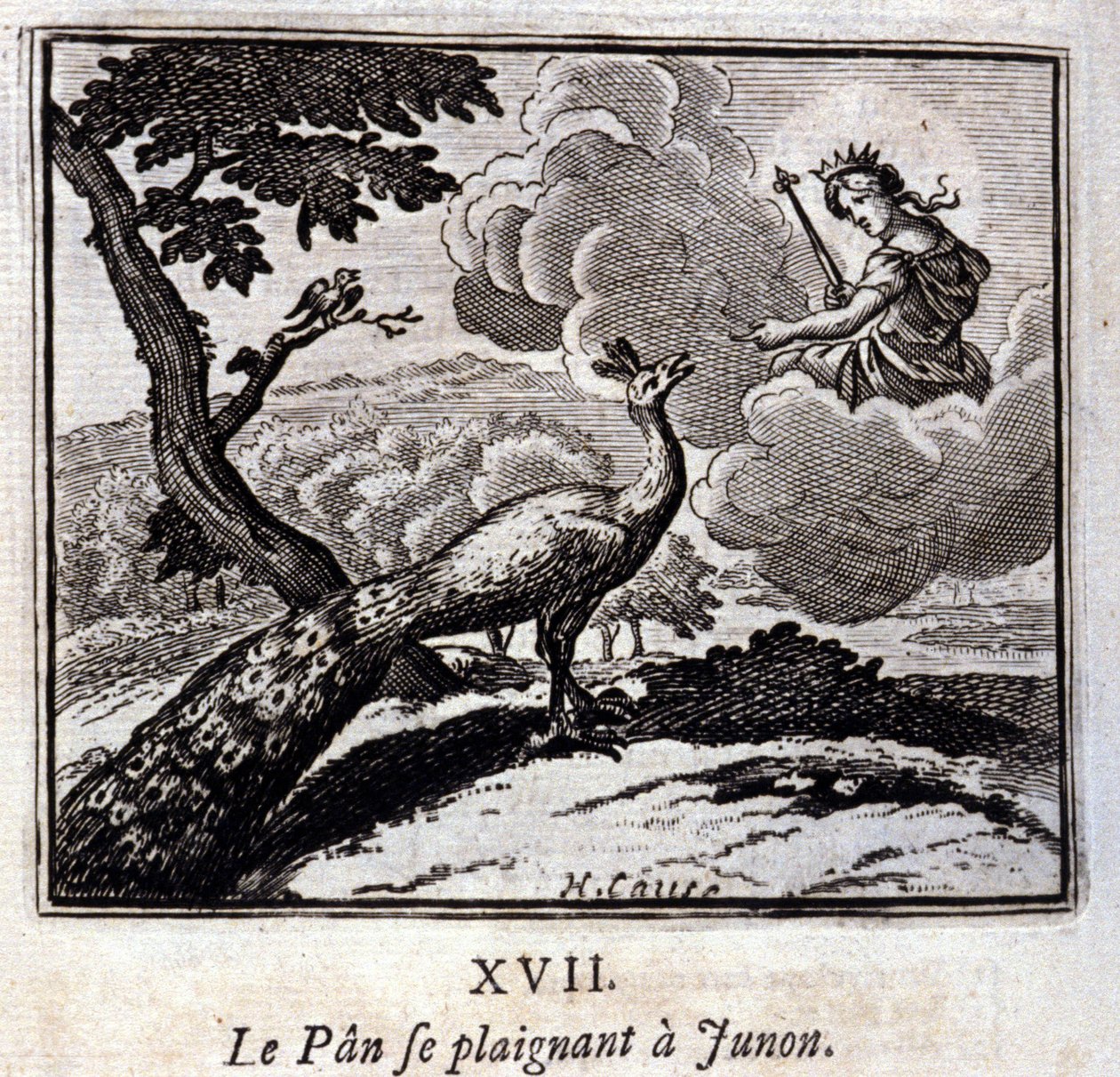 الطاووس يشكو لـ جونو. أساطير جان دي لافونتين (1621-95). رسم توضيحي لفرانسوا تشوفو (1613-1676). طبعة 1728. بواسطة فرانسوا شوفو
