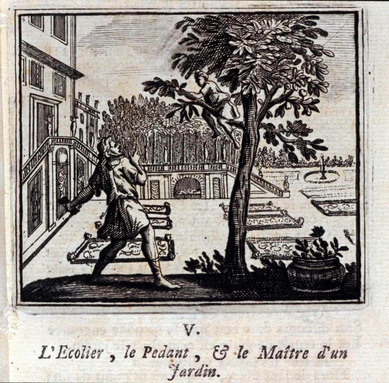 مدرسة المتحذلق وسيد الحديقة. أساطير جان دي لافونتين (1621-95). رسم توضيحي لفرانسوا تشوفو (1613-1676). طبعة 1728. بواسطة فرانسوا شوفو