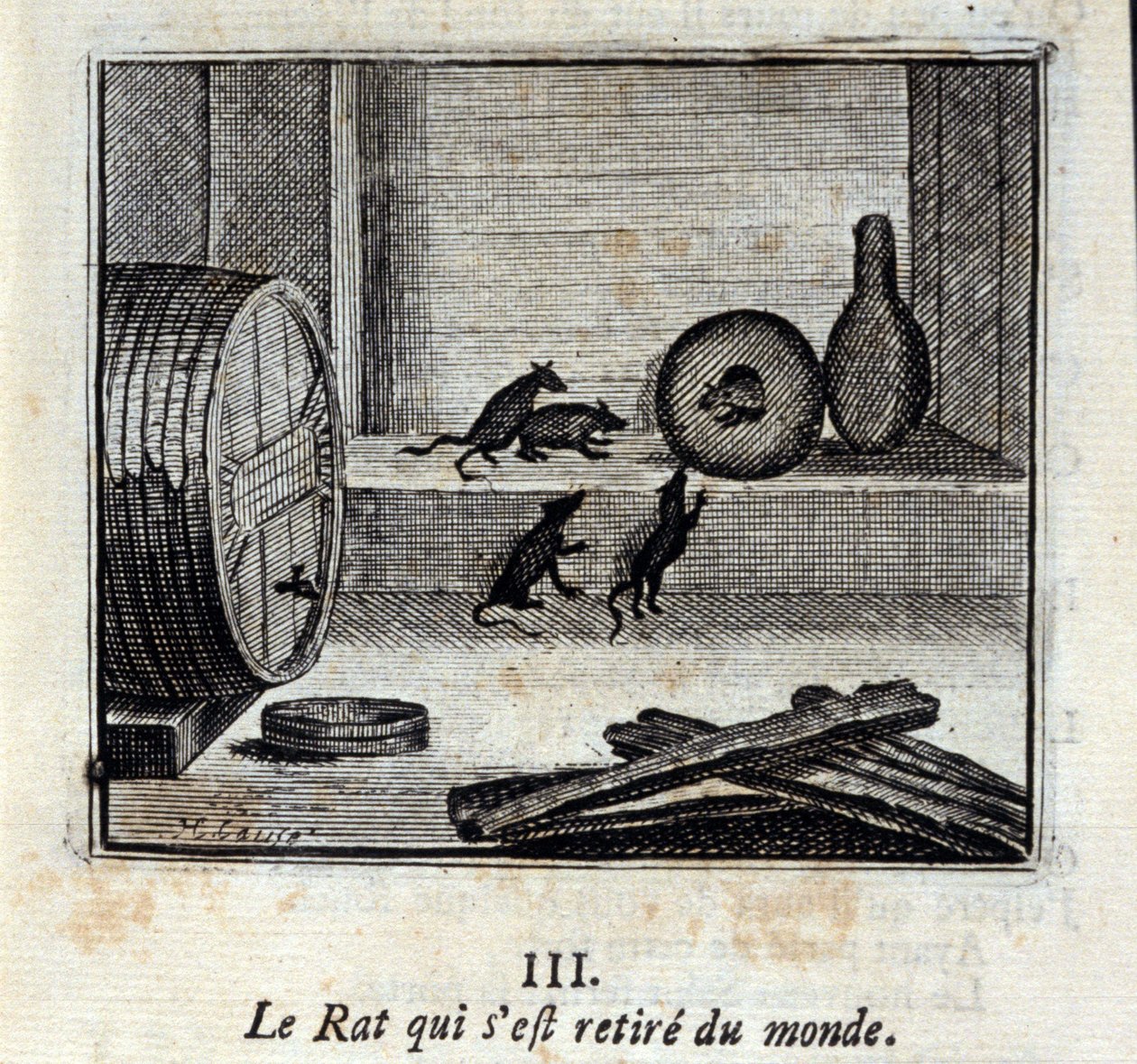 الجرذ الذي انسحب من العالم. أساطير جان دي لافونتين (1621-95). رسم توضيحي لفرانسوا تشوفو (1613-1676). طبعة 1728. بواسطة فرانسوا شوفو