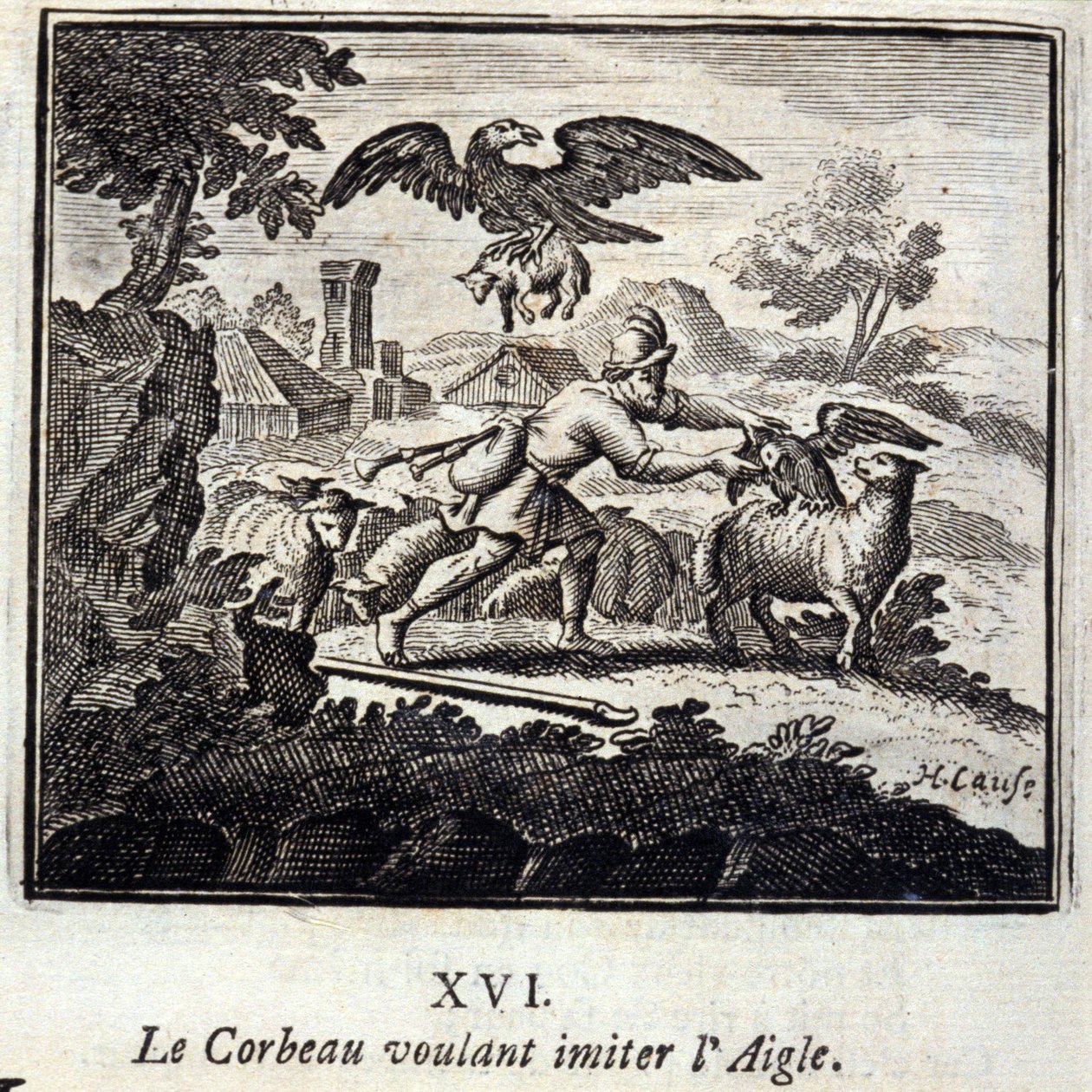 الغراب يريد تقليد النسر. أساطير جان دي لافونتين (1621-95). رسم توضيحي لفرانسوا تشوفو (1613-1676). طبعة 1728. بواسطة فرانسوا شوفو