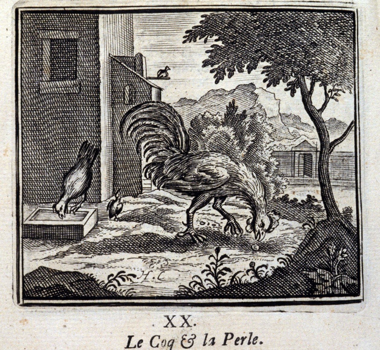 الديك واللؤلؤ. أساطير جان دي لافونتين (1621-95). رسم توضيحي لفرانسوا تشوفو (1613-1676). طبعة 1728. بواسطة فرانسوا شوفو