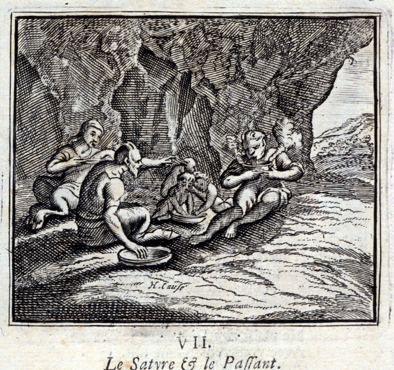 الساتير والراكب. أساطير جان دي لافونتين (1621-95). رسم توضيحي لفرانسوا تشوفو (1613-1676). طبعة 1728. بواسطة فرانسوا شوفو