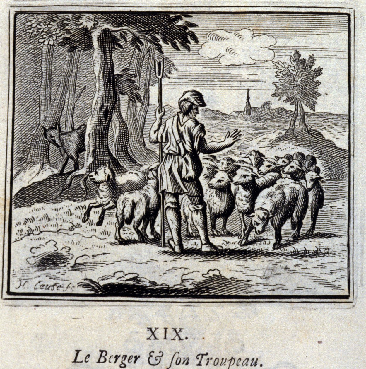 الراعي وقطيعه. أساطير جان دي لافونتين (1621-95). رسم توضيحي لفرانسوا تشوفو (1613-1676). طبعة 1728. بواسطة فرانسوا شوفو