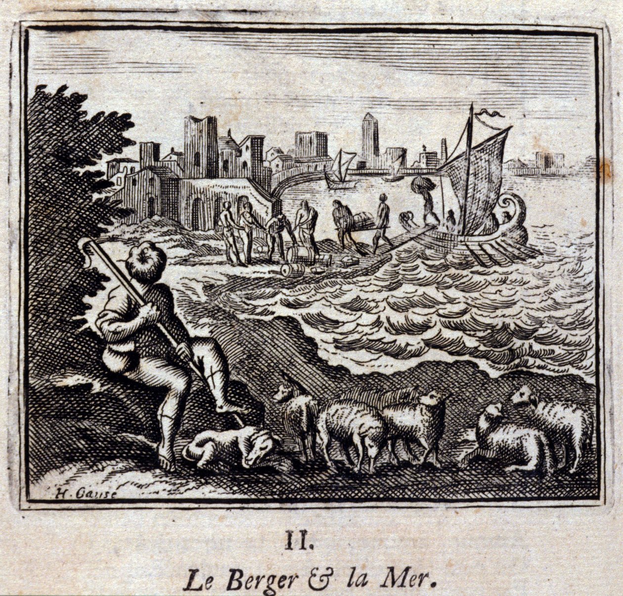 الراعي والبحر. أساطير جان دي لافونتين (1621-95). رسم توضيحي لفرانسوا تشوفو (1613-1676). طبعة 1728. بواسطة فرانسوا شوفو