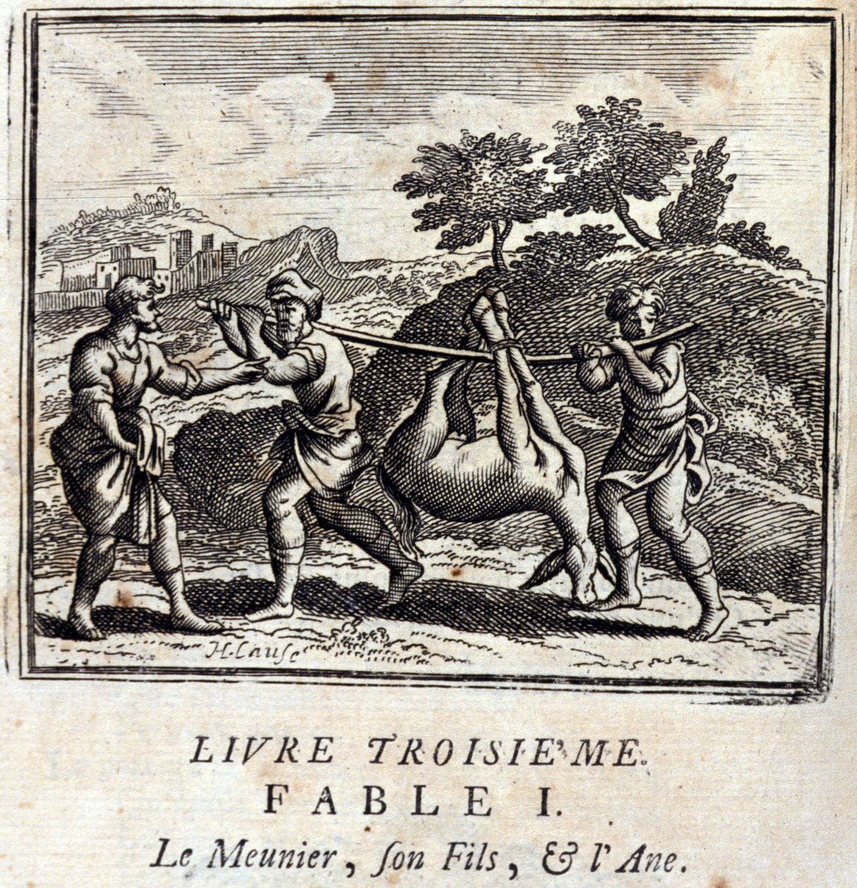 المصاص ابنه والحمار. أساطير جان دي لافونتين (1621-95). رسم توضيحي لفرانسوا تشوفو (1613-1676). طبعة 1728. بواسطة فرانسوا شوفو