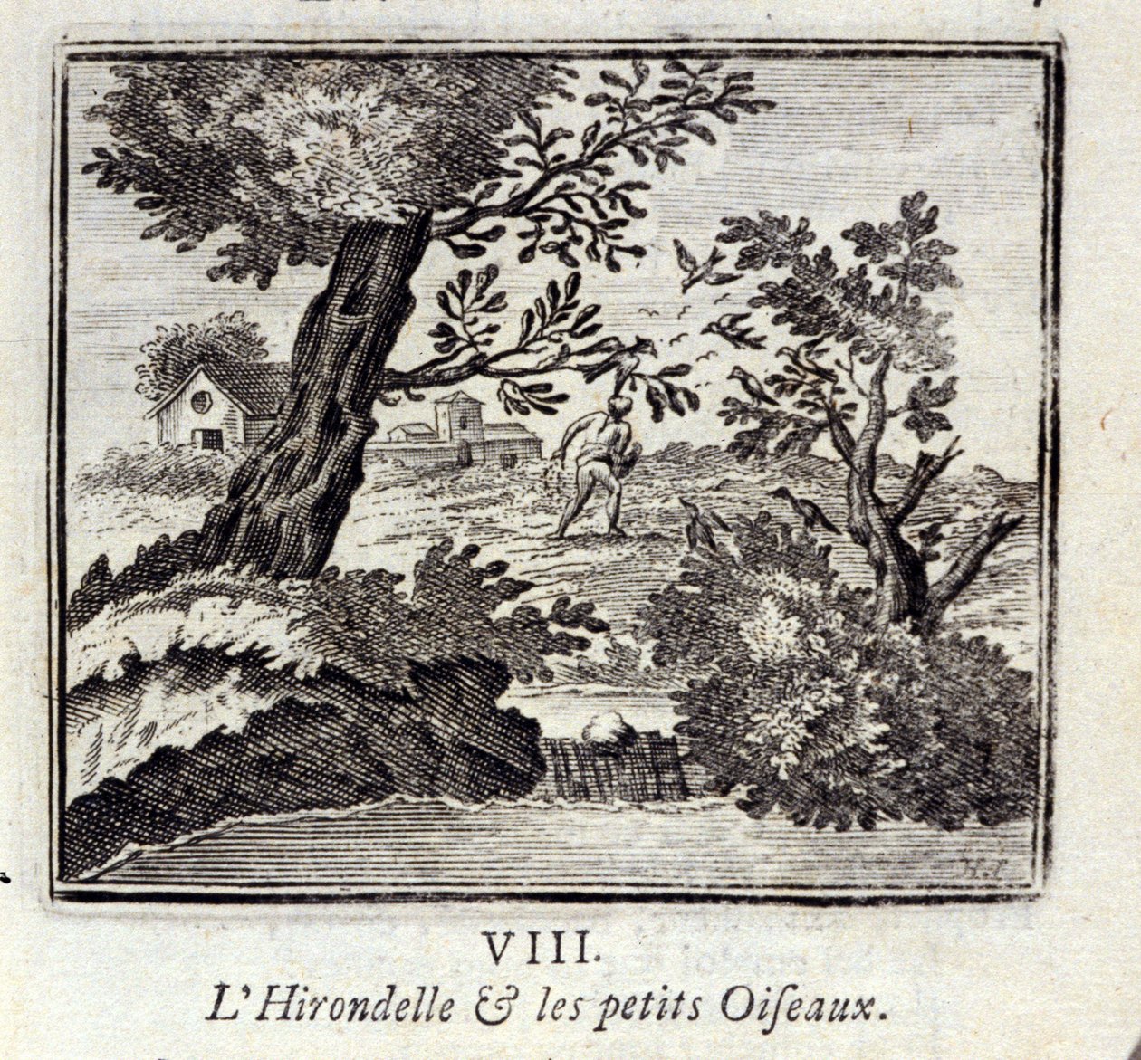 السنونو والطيور الصغيرة. أساطير جان دي لافونتين (1621-95). رسم توضيحي لفرانسوا تشوفو (1613-1676). طبعة 1728. بواسطة فرانسوا شوفو