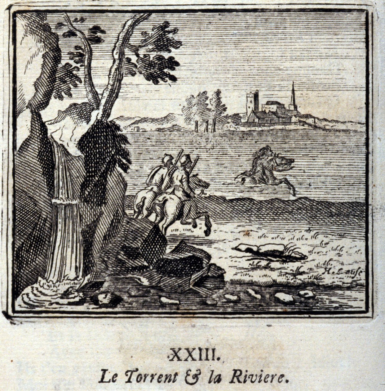 التورنت و Riviere. أساطير جان دي لافونتين (1621-95). رسم توضيحي لفرانسوا تشوفو (1613-1676). طبعة 1728. بواسطة فرانسوا شوفو