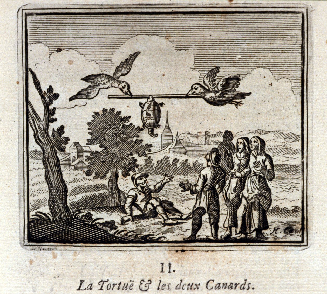 السلحفاة والبطان. أساطير جان دي لافونتين (1621-95). رسم توضيحي لفرانسوا تشوفو (1613-1676). طبعة 1728. بواسطة فرانسوا شوفو