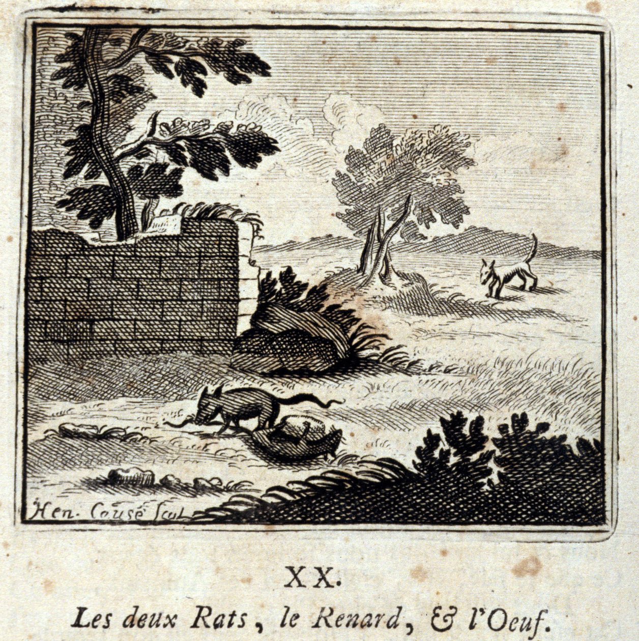 الجرذان والثعلب والبيض. أساطير جان دي لافونتين (1621-95). رسم توضيحي لفرانسوا تشوفو (1613-1676). طبعة 1728. بواسطة فرانسوا شوفو