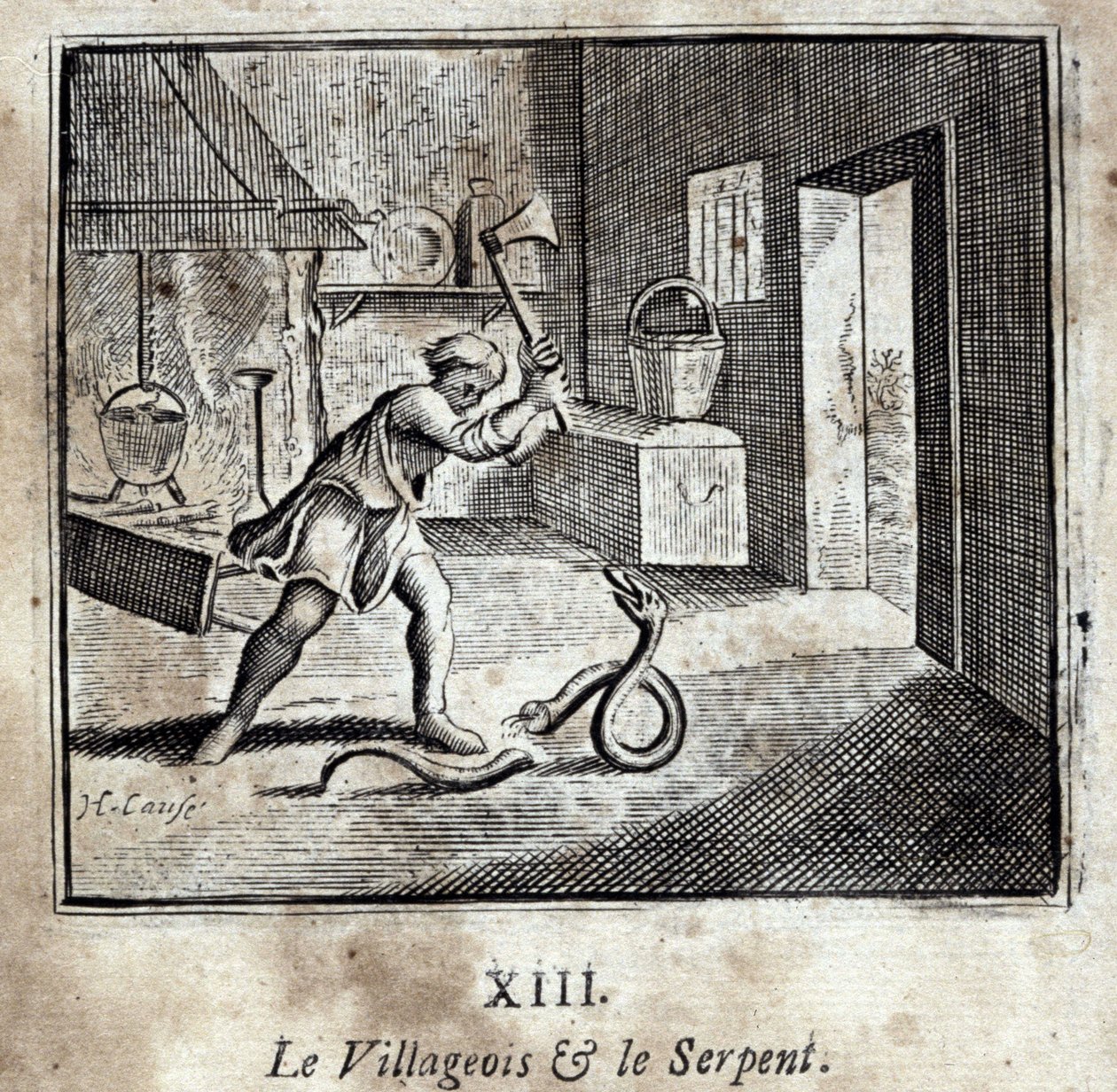 القروي والثعبان. أساطير جان دي لافونتين (1621-95). رسم توضيحي لفرانسوا تشوفو (1613-1676). طبعة 1728. بواسطة فرانسوا شوفو