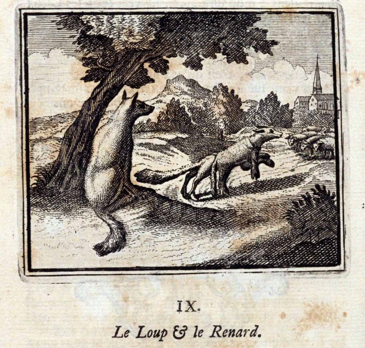 الذئب والثعلب. أساطير جان دي لافونتين (1621-95). رسم توضيحي لفرانسوا تشوفو (1613-1676). طبعة 1728. بواسطة فرانسوا شوفو