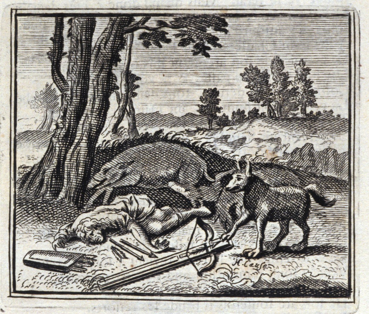 الذئب والصياد. أساطير جان دي لافونتين (1621-95). رسم توضيحي لفرانسوا تشوفو (1613-1676). طبعة 1728. بواسطة فرانسوا شوفو