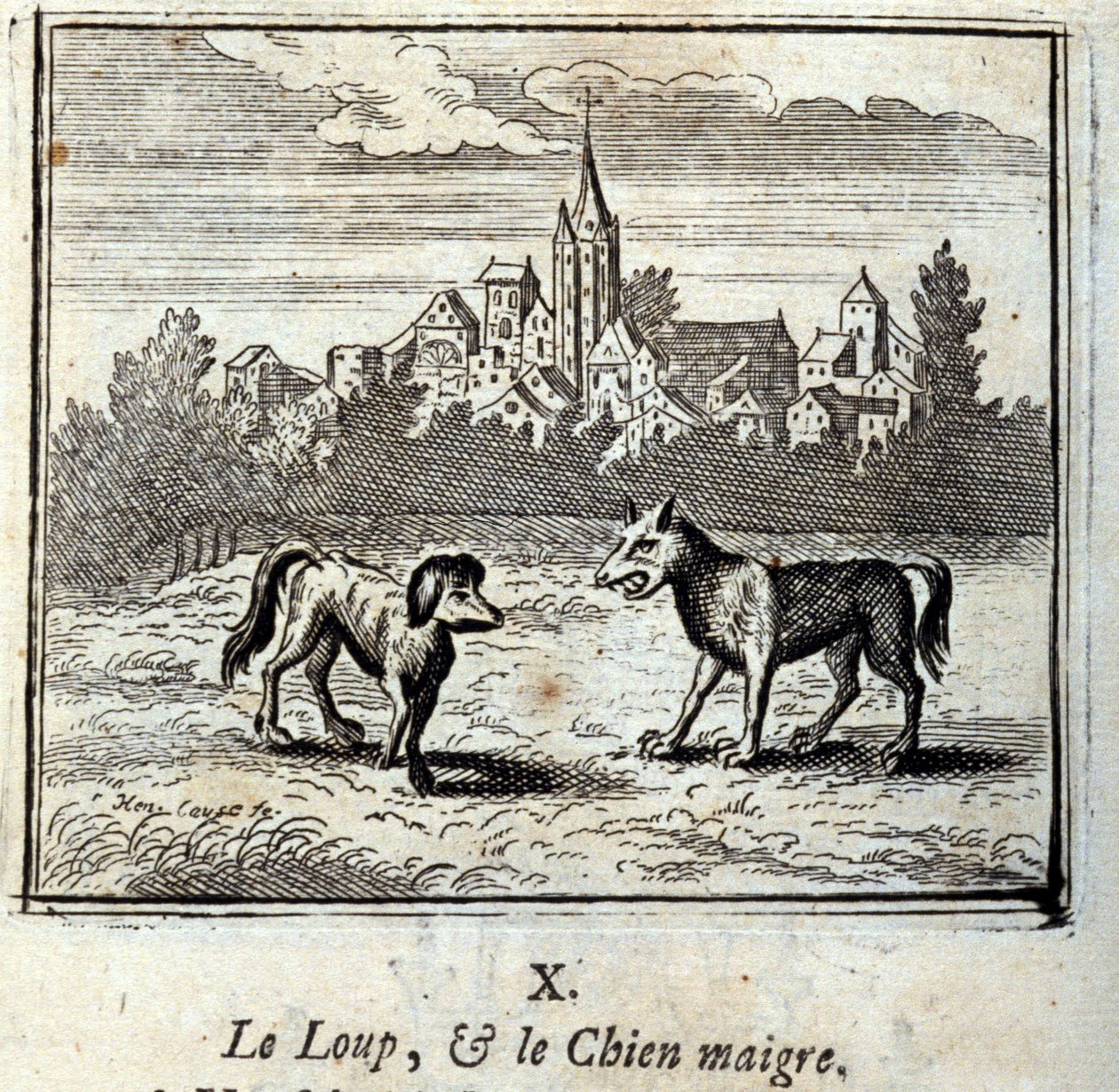 الذئب والكلب العجاف. أساطير جان دي لافونتين (1621-95). رسم توضيحي لفرانسوا تشوفو (1613-1676). طبعة 1728. بواسطة فرانسوا شوفو