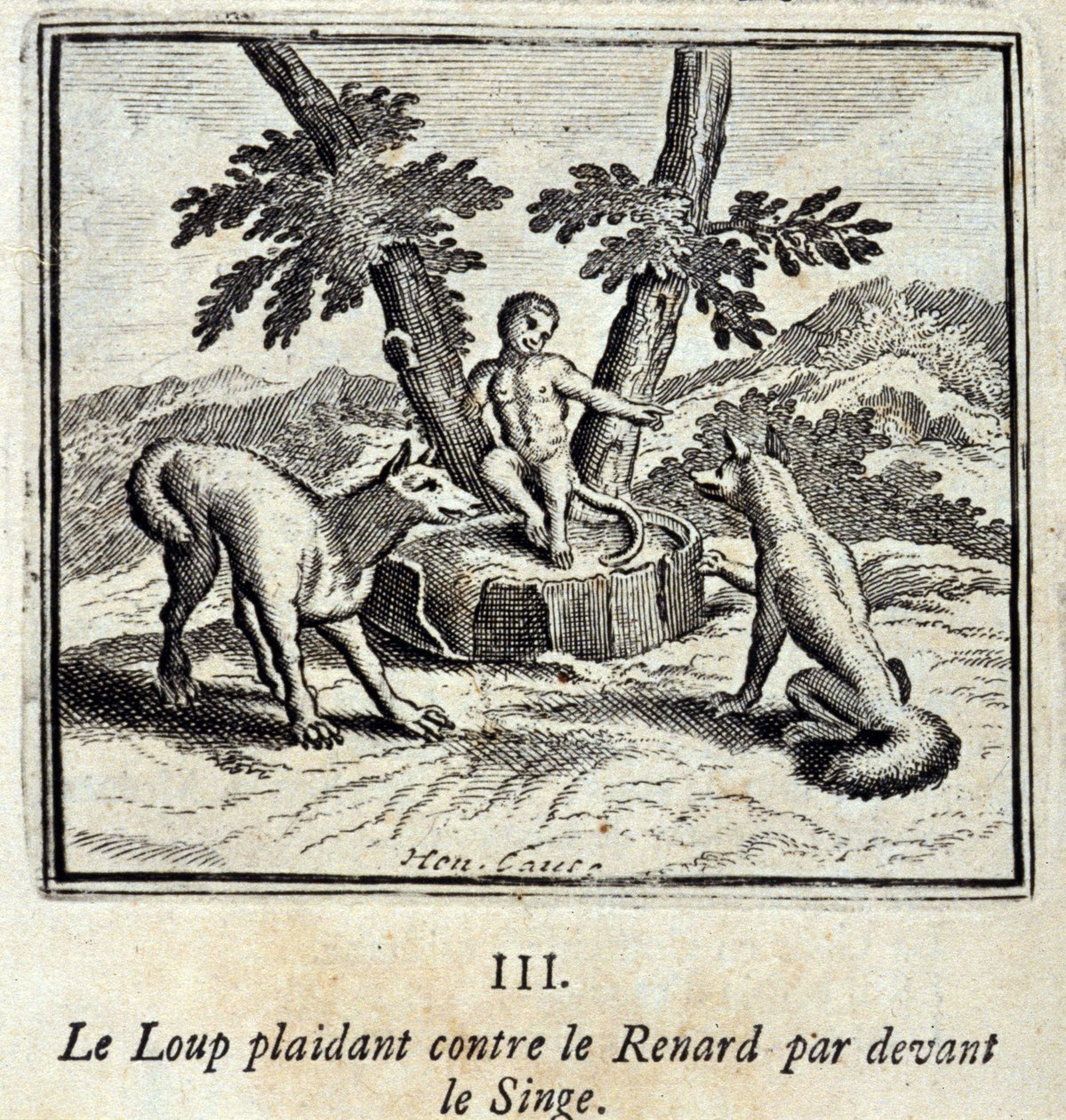 الذئب يتوسل ضد الثعلب أمام القرد. أساطير جان دي لافونتين (1621-95). رسم توضيحي لفرانسوا تشوفو (1613-1676). طبعة 1728. بواسطة فرانسوا شوفو