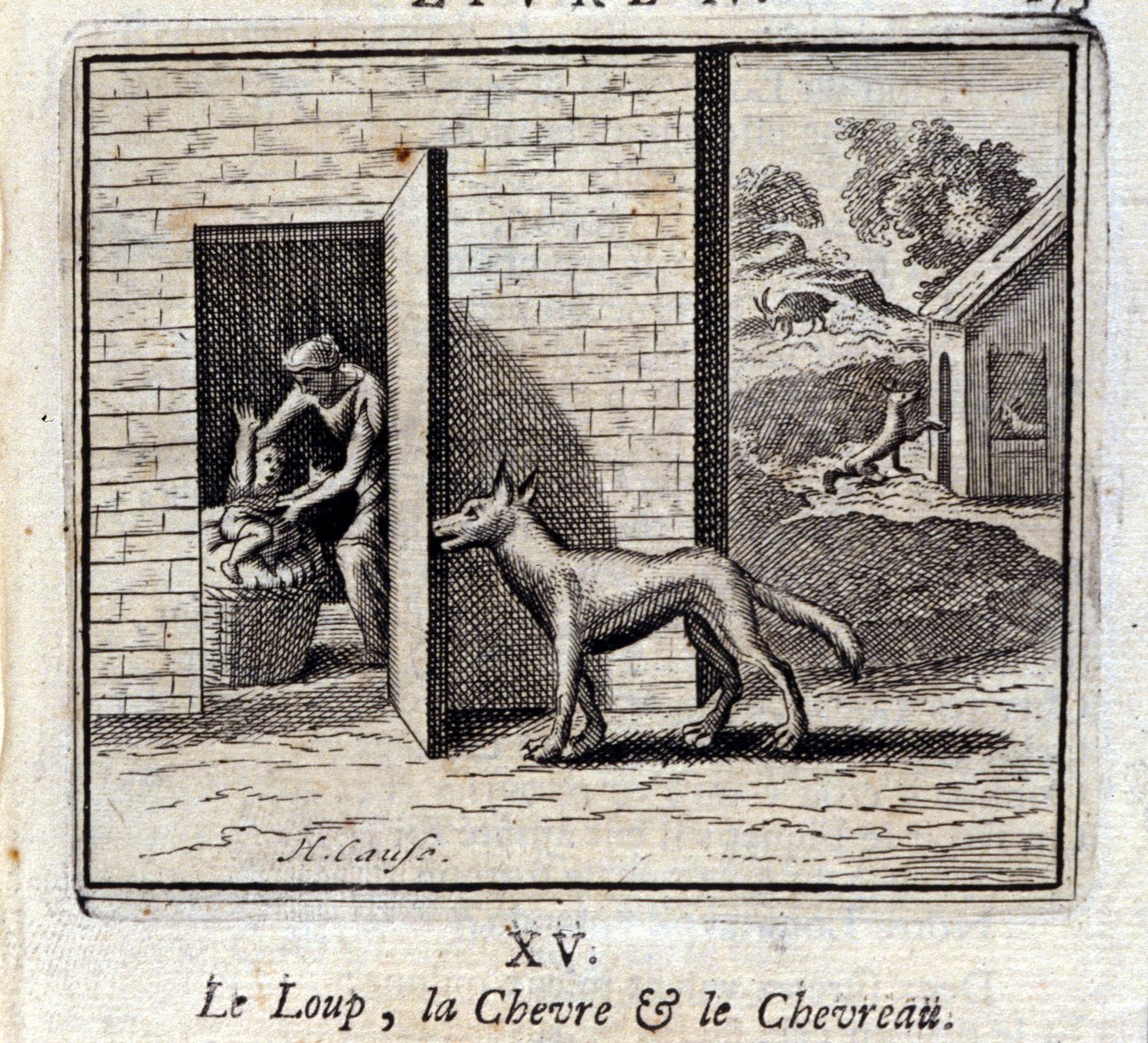 الذئب والماعز والماعز. أساطير جان دي لافونتين (1621-95). رسم توضيحي لفرانسوا تشوفو (1613-1676). طبعة 1728. بواسطة فرانسوا شوفو