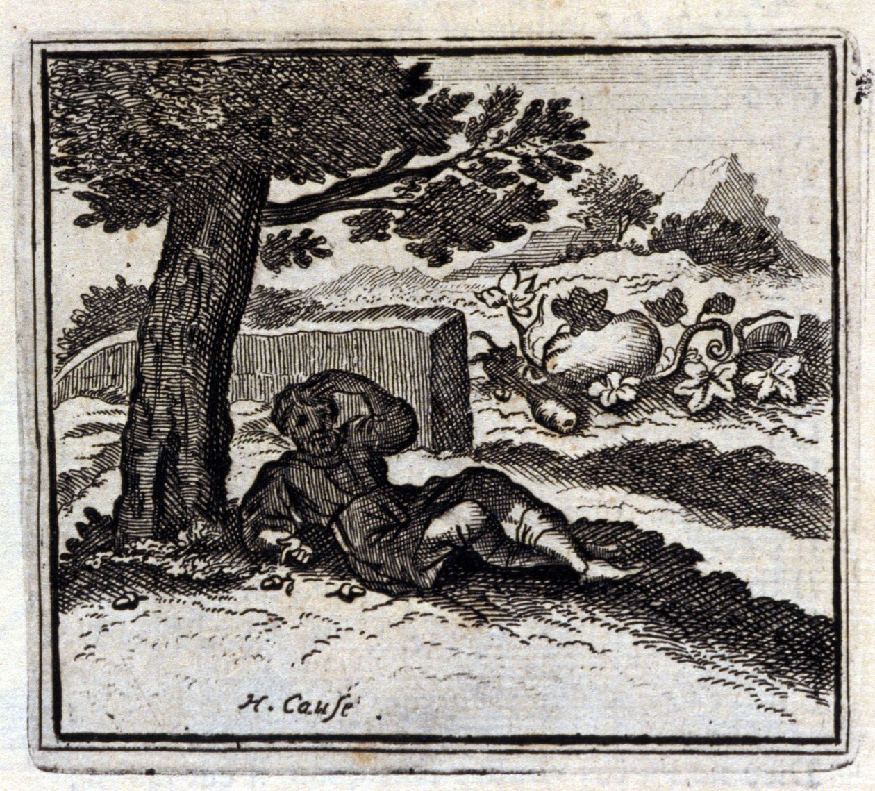 الجوزة واليقطين. أساطير جان دي لافونتين (1621-95). رسم توضيحي لفرانسوا تشوفو (1613-1676). طبعة 1728. بواسطة فرانسوا شوفو