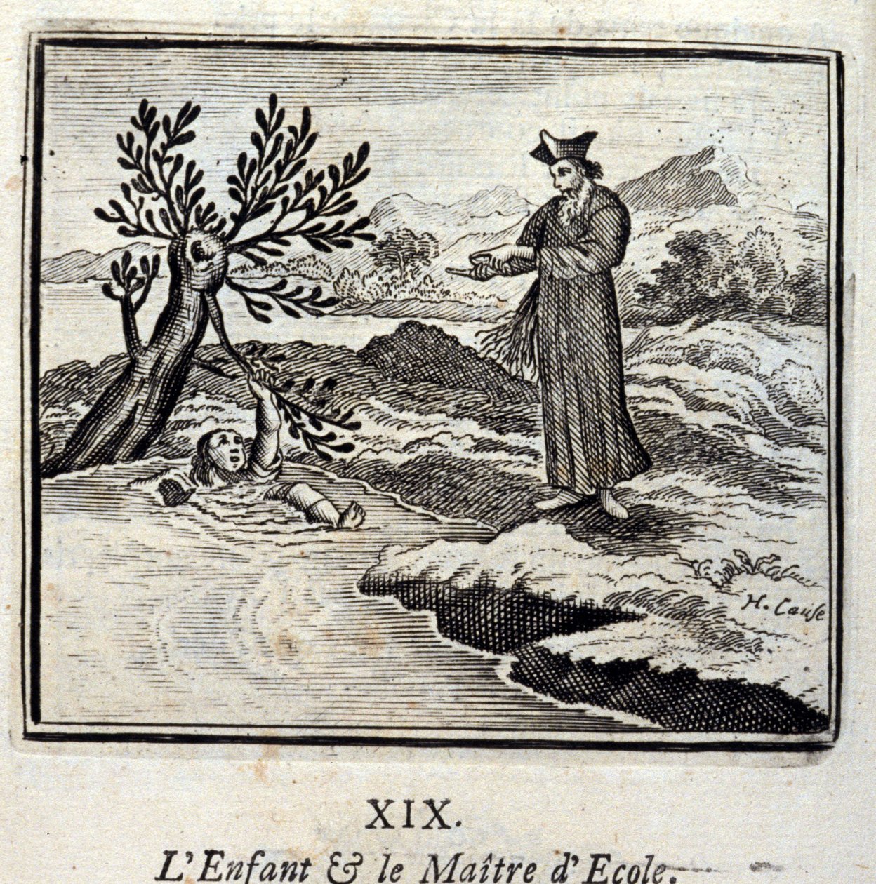 الطفل ومدير المدرسة. أساطير جان دي لافونتين (1621-95). رسم توضيحي لفرانسوا تشوفو (1613-1676). طبعة 1728. بواسطة فرانسوا شوفو