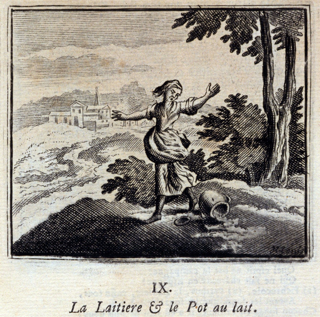 الألبان وجرة الحليب. أساطير جان دي لافونتين (1621-95). رسم توضيحي لفرانسوا تشوفو (1613-1676). طبعة 1728. بواسطة فرانسوا شوفو