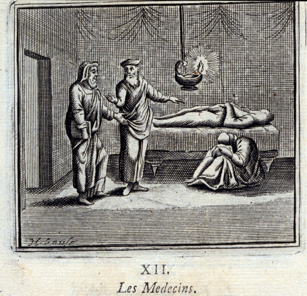 الأطباء. أساطير جان دي لافونتين (1621-95). رسم توضيحي لفرانسوا تشوفو (1613-1676). طبعة 1728. بواسطة فرانسوا شوفو