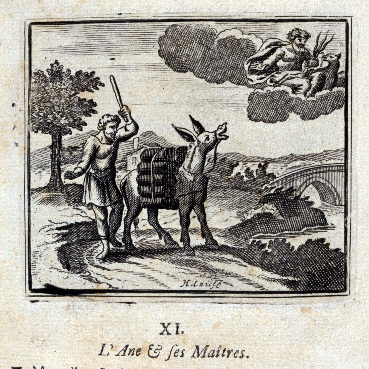الحمار واسياده. أساطير جان دي لافونتين (1621-95). رسم توضيحي لفرانسوا تشوفو (1613-1676). طبعة 1728. بواسطة فرانسوا شوفو