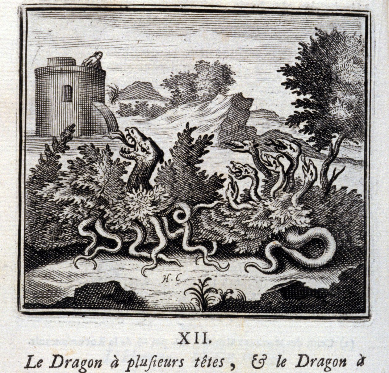 التنين له عدة رؤوس والتنين له عدة ذيول. أساطير جان دي لافونتين (1621-95). رسم توضيحي لفرانسوا تشوفو (1613-1676). طبعة 1728. بواسطة فرانسوا شوفو