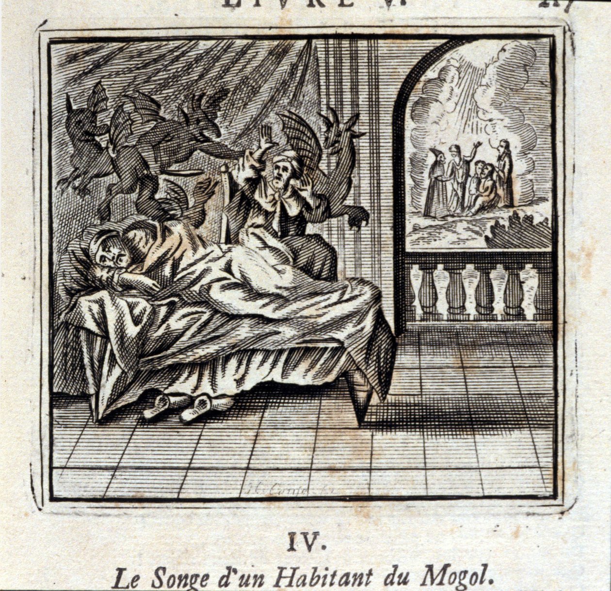 حلم أحد سكان موغول. أساطير جان دي لافونتين (1621-95). رسم توضيحي لفرانسوا تشوفو (1613-1676). طبعة 1728. بواسطة فرانسوا شوفو
