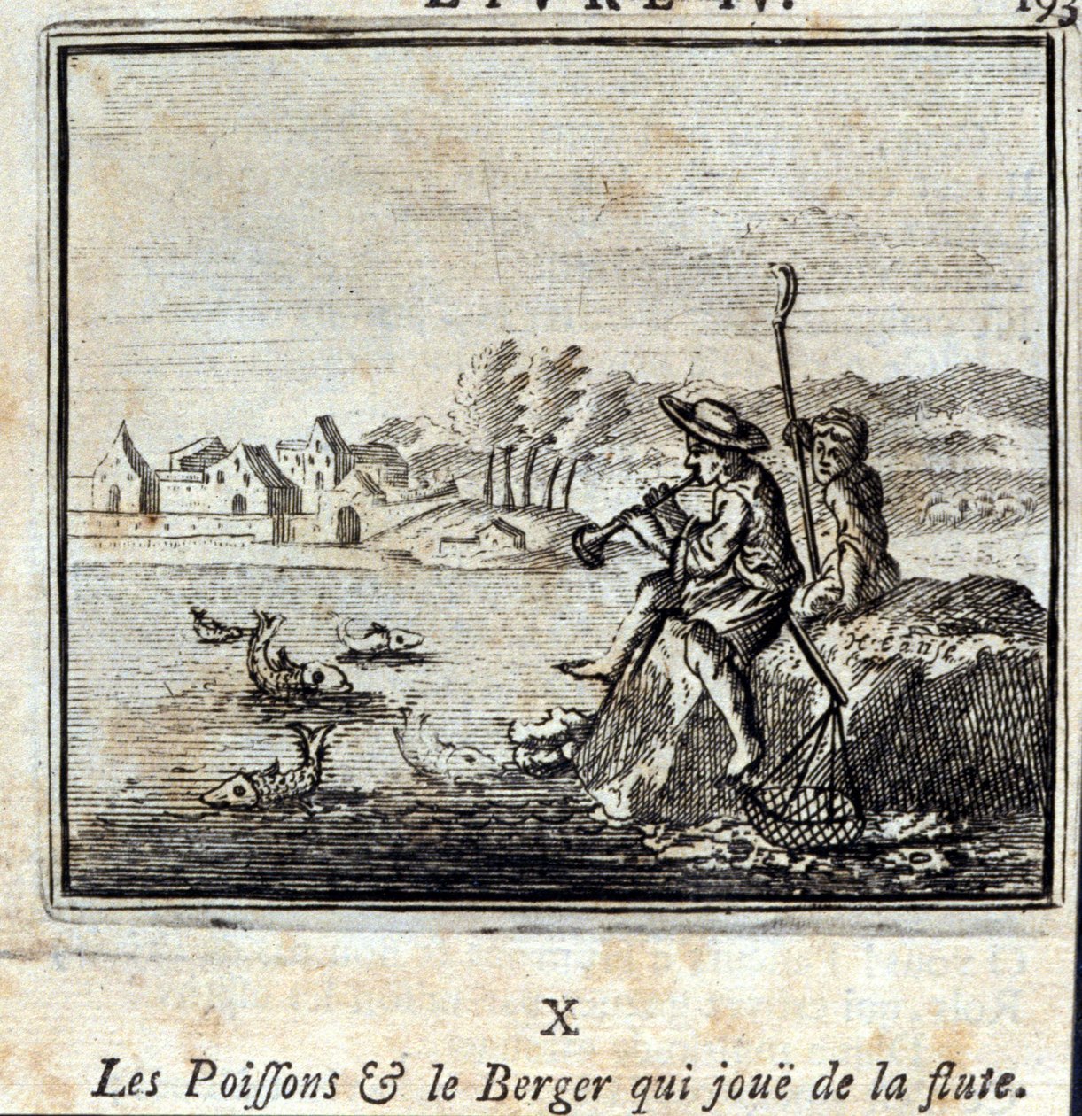 السمكة والراعي يعزفان على الفلوت. أساطير جان دي لافونتين (1621-95). رسم توضيحي لفرانسوا تشوفو (1613-1676). طبعة 1728. بواسطة فرانسوا شوفو