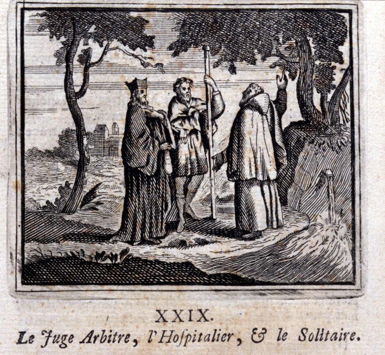 الحكم يحكم فرسان الإسبتارية والسوليتير. أساطير جان دي لافونتين (1621-95). رسم توضيحي لفرانسوا تشوفو (1613-1676). طبعة 1728. بواسطة فرانسوا شوفو